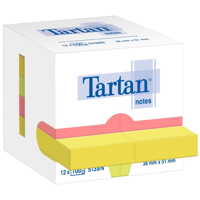 Tartan Notes zelfklevende notitieblokjes, 51×38 mm, neon geel/groen/roze, 12 blokken